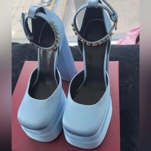 VERSACE - Cinderella Blue Satin Medusa Aevitas Double Platform Pumps